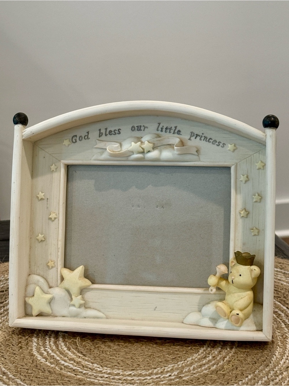 Vintage 3D Ceramic Nursery Baby Picture Frame Easel Back Teddy Bear Clouds